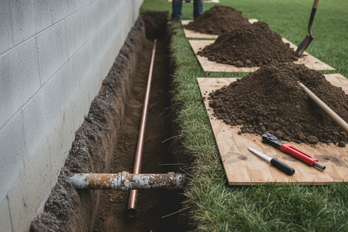 Excavated water line trench during Water Softener Installation in Rochelle